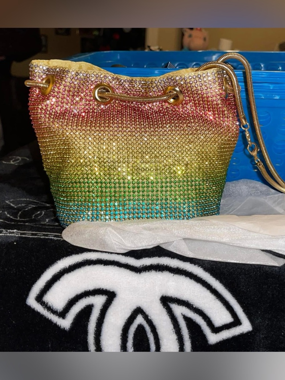 Crystal Ombre Rainbow Drawstring Crossbody Bag - Gold Hardware